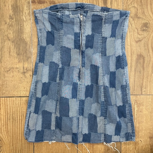 Wild Fable Patchwork Denim Dress Womens Size M Blue Strapless Mini Raw Hem - Picture 6 of 9